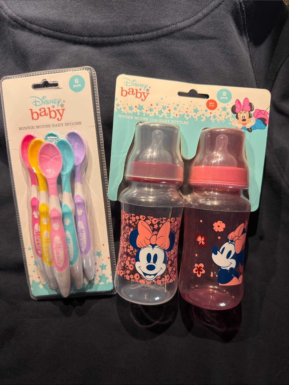 Disney Baby Minnie Mouse Pink & Teal Feeding Bottle and Spoon Set